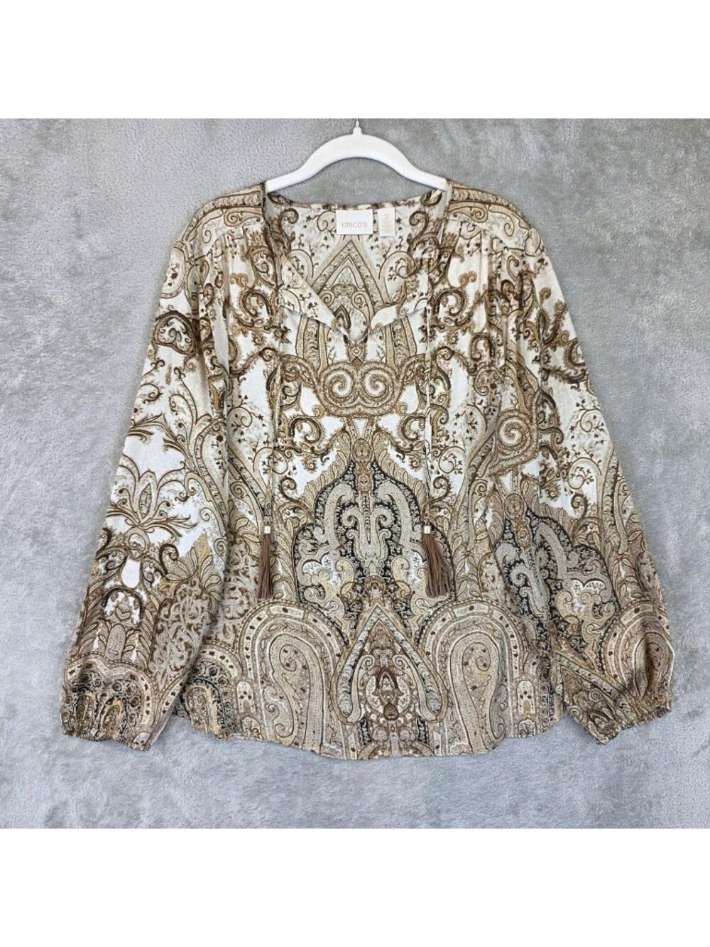 Chico's Blouse Womens L Brown V Neck Long Balloon Sleeve Paisley Boho Tunic Top